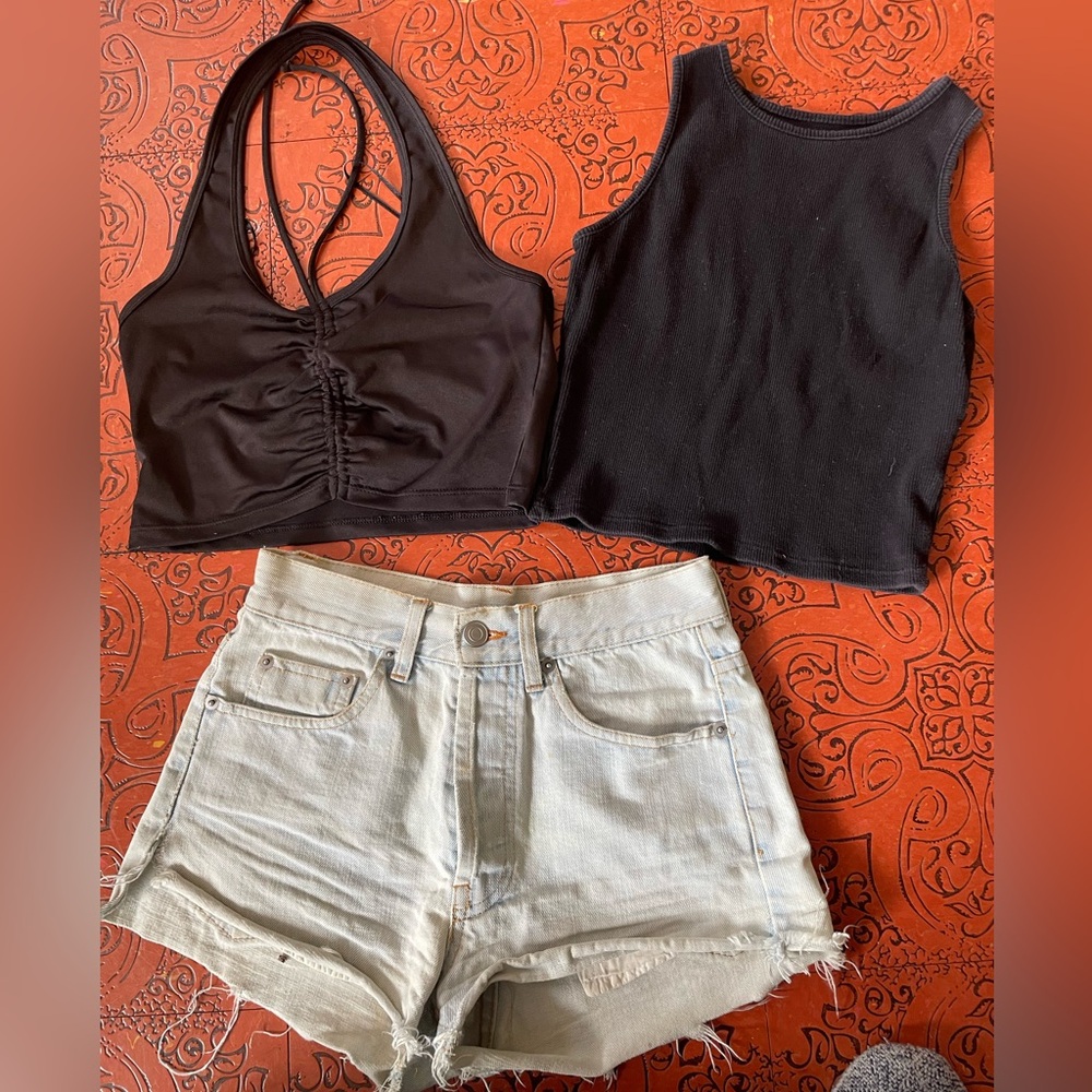 Lot 3 outfit Brandy Melville Jean shorts,  Ruched Halter Crop Top, tank - Women